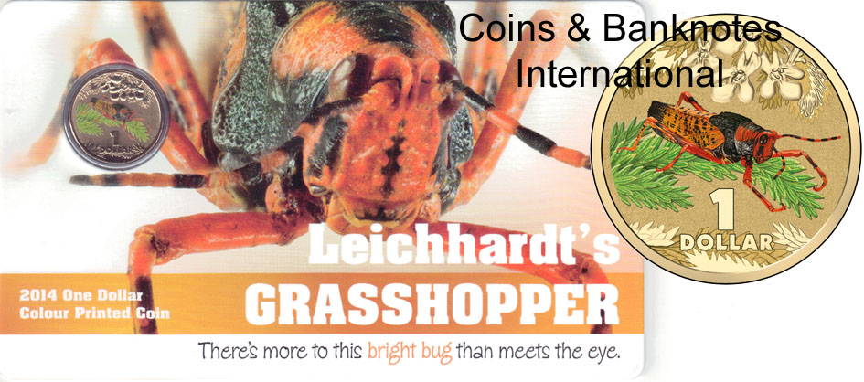 2014 Australia $1 (Bright Bugs - Leichhardt's Grasshopper)